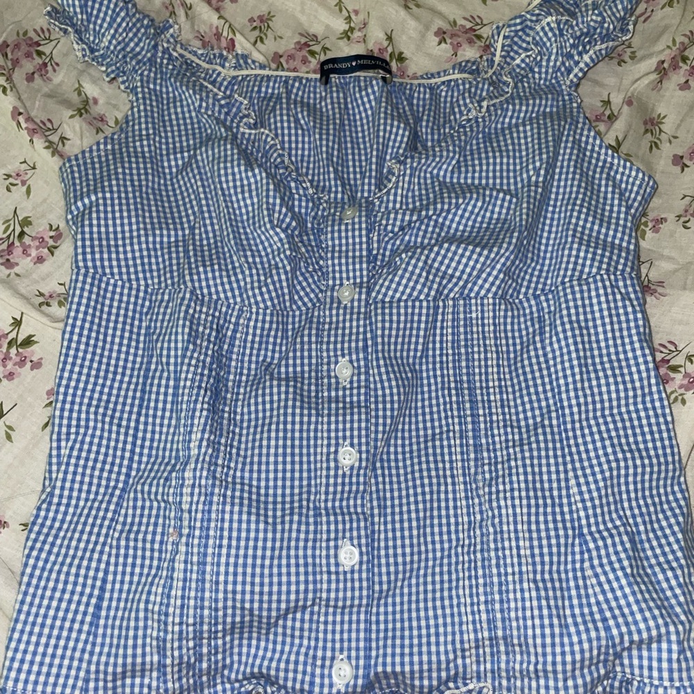 Brandy Melville Blue Gingham Button Down Top
